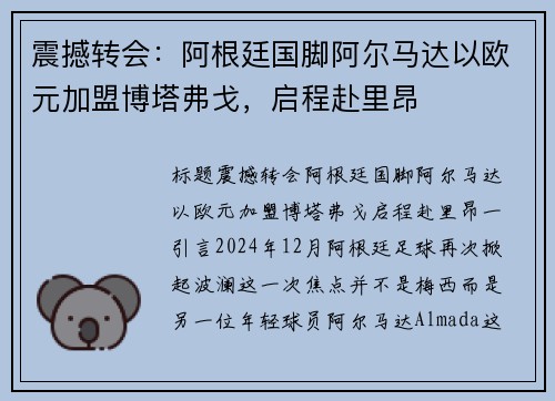 震撼转会：阿根廷国脚阿尔马达以欧元加盟博塔弗戈，启程赴里昂