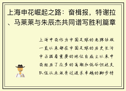 上海申花崛起之路：奋楫报，特谢拉、马莱莱与朱辰杰共同谱写胜利篇章